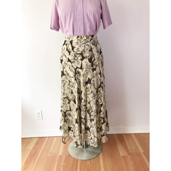 Vintage Brown Floral Midi Skirt Swishy Vintage Neutral Silk Plus Size - Picture 8 of 8